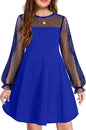 Arshiner Girl's Contrast Mesh Puff Long Sleeve High Waist A Line Short Dress with Pockets for 6-13 Years