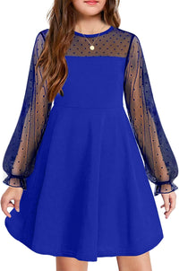 Arshiner Girl's Contrast Mesh Puff Long Sleeve High Waist A Line Short Dress with Pockets for 6-13 Years