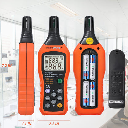 Digital Temperature Humidity Meter, Thermometer Hygrometer with Ambient Dew Point and Wet Bulb Temperature Indoor and Outdoor, Data Logger with Min/Max Hold, LCD Backlight, PT6508