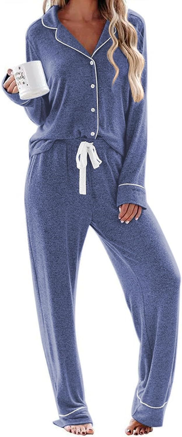 Ekouaer Women's Pajamas Long Sleeve Sleepwear Casual Button Down Loungewear Soft Pjs Set S-XXL