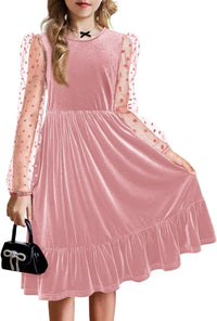 Arshiner Girls Dresses Contrast Mesh Velvet Long Sleeve A-Line Vintage Party Dress with Pockets