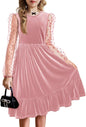 Arshiner Girls Dresses Contrast Mesh Velvet Long Sleeve A-Line Vintage Party Dress with Pockets