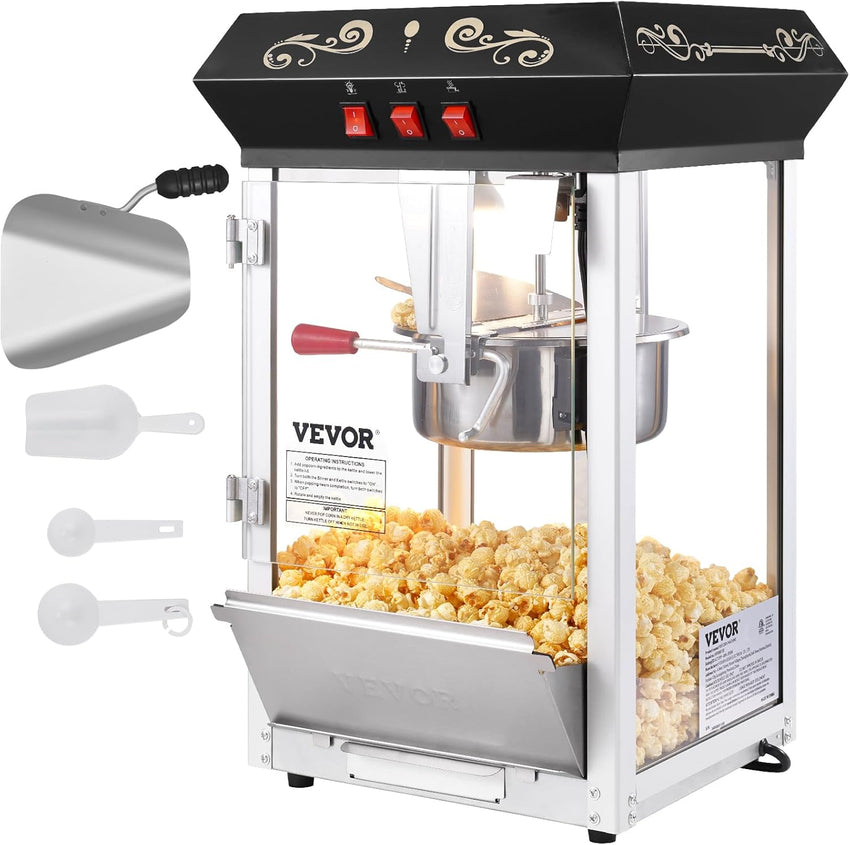 VEVOR Commercial Popcorn Machine, 8 Oz Kettle, 850 W Popcorn Maker on Wheels for 48 Cups per Batch, Theater Style Popper with 3-Switch Control Steel Frame Tempered Glass Doors Cart 1 Scoop 2 Spoons