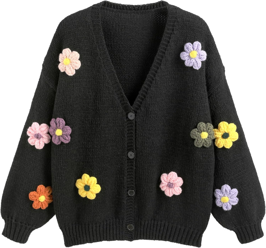 CIDER Women’s Floral Cropped Cardigan Cute Flower V Neck Button Down Trendy Sweater