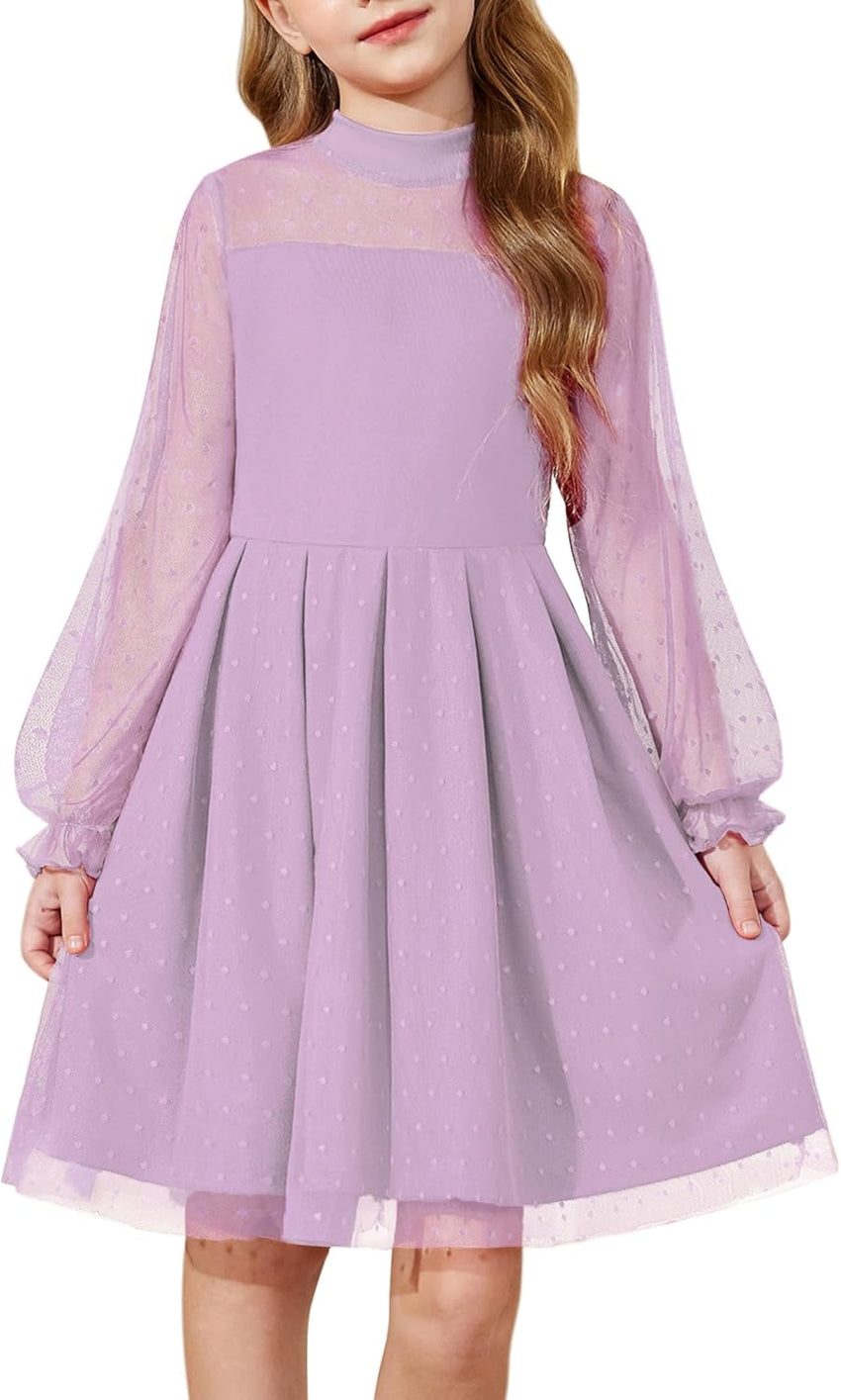 Arshiner Girls Dresses Contrast Mesh Puff Long Sleeve Mock Neck Formal Party A Line Short Tulle Dress
