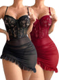 Sexy Corset Bodycon Ruffle Sheer Underwire Mesh Lace Floral Outfits Babydoll Lingerie Set Dress with Thong 2 Piece