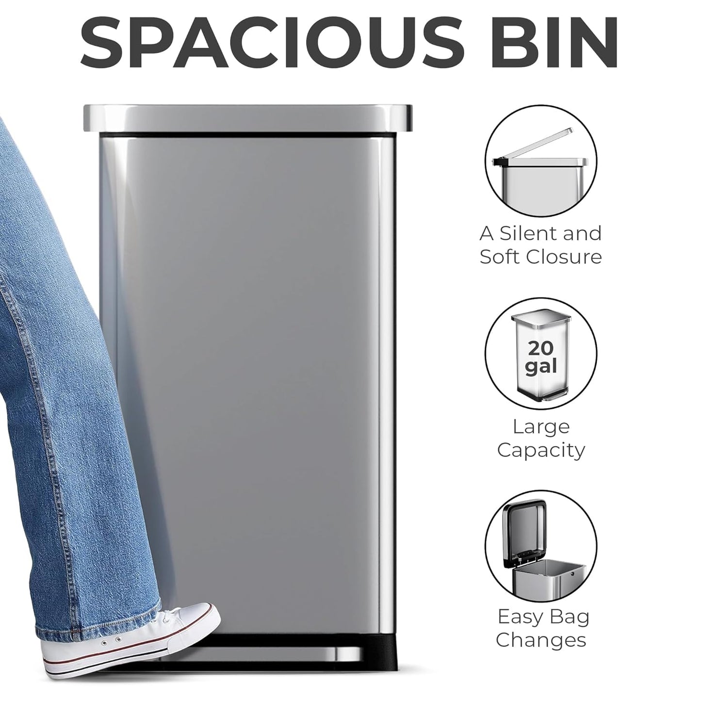 EconoHome 20 Gallon Stainless Steel Large Kitchen Trash Can with Foot Pedal, Soft Close Lid, and Trash Bag Retainer Rim