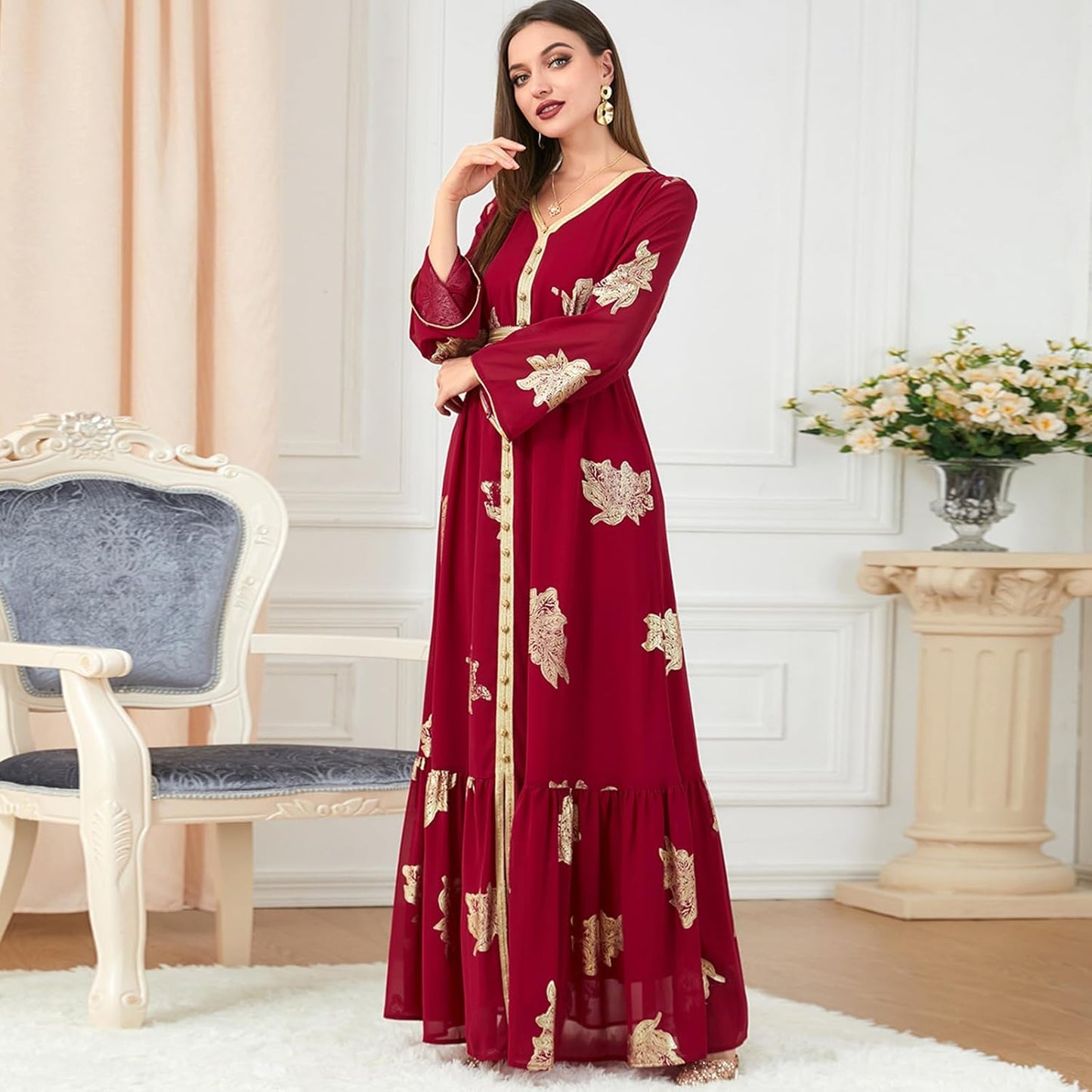 OBEEII Women's Moroccan Muslim Abaya Dress Elegant Floral Embroidery Kaftan Maxi Dress Islamic Dubai Ramadan Prayer Clothes