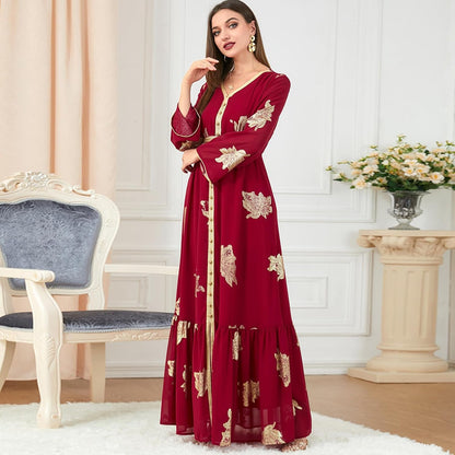 OBEEII Women's Moroccan Muslim Abaya Dress Elegant Floral Embroidery Kaftan Maxi Dress Islamic Dubai Ramadan Prayer Clothes