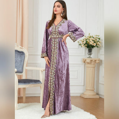 ODIZLI Muslim Kaftan Abaya Moroccan Fashion Autumn Winter Long Sleeve Velvet Dress for Eid Ramadan
