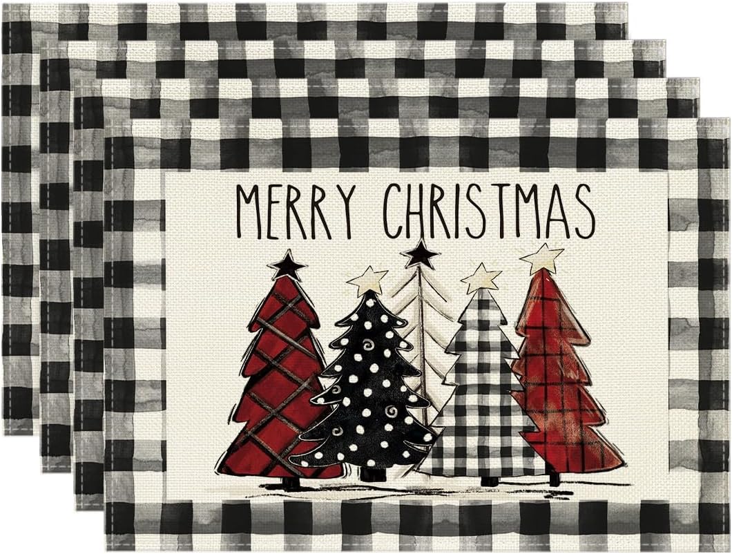 Artoid Mode Waterclor Buffalo Plaid Christmas Trees Placemats Set of 4, 12x18 Inch Winter Table Mats for Outdoor Home Party Kitchen Dining Decor