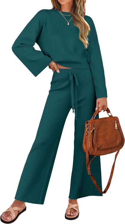 ZESICA Women's 2 Piece Outfits Set 2025 Casual Long Sleeve Knit Pullover Top and Wide Leg Pants Sweatsuit Lounge Sets