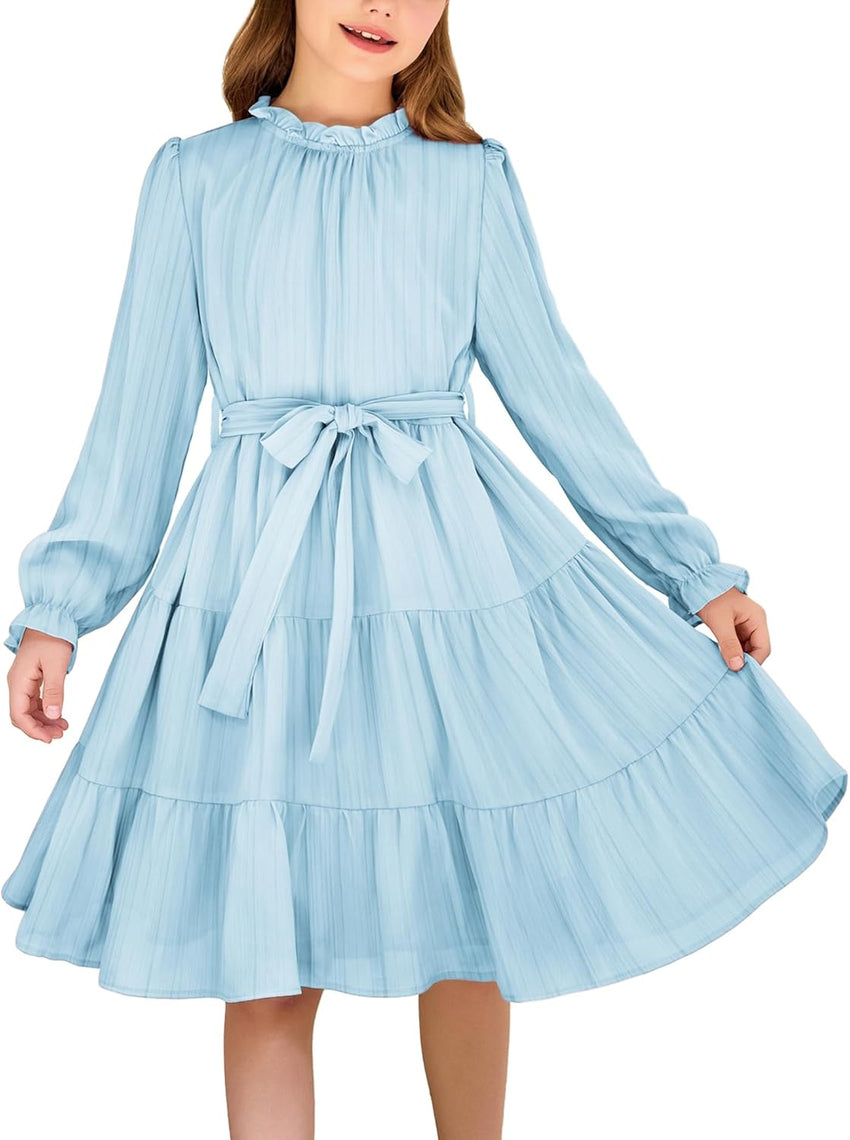 Arshiner Girls Long Sleeve Dress Tween Fall Formal Party Holiday Midi Tiered Flowy Swing Dresses with Belt 5-13 Y