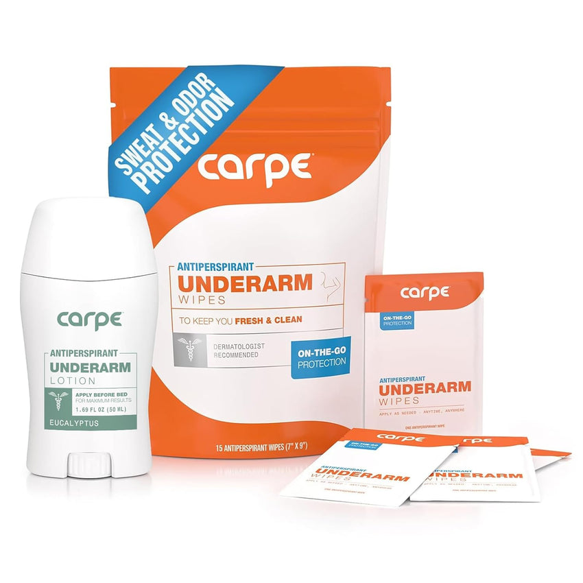 Carpe Antiperspirant Underarm and On-The-Go Wipes Package (1 Underarm Clinical Strength, 15 Individual Antiperspirant On-The-Go Wipes), Stop Excessive Sweat - Great for Hyperhidrosis