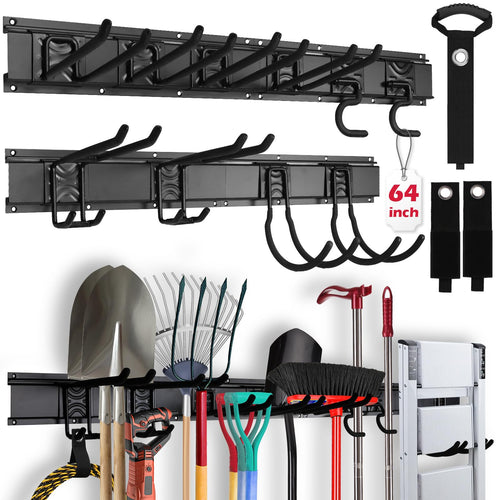 48" Heavy Duty Garage Wall Organizer, Wall Mount Tool Storage Rack with Adjustable Hooks, Garden Tool Organizer Hold Up to 300lbs, Easy Installation (3 Panels, 8 Hooks, 3 Straps)