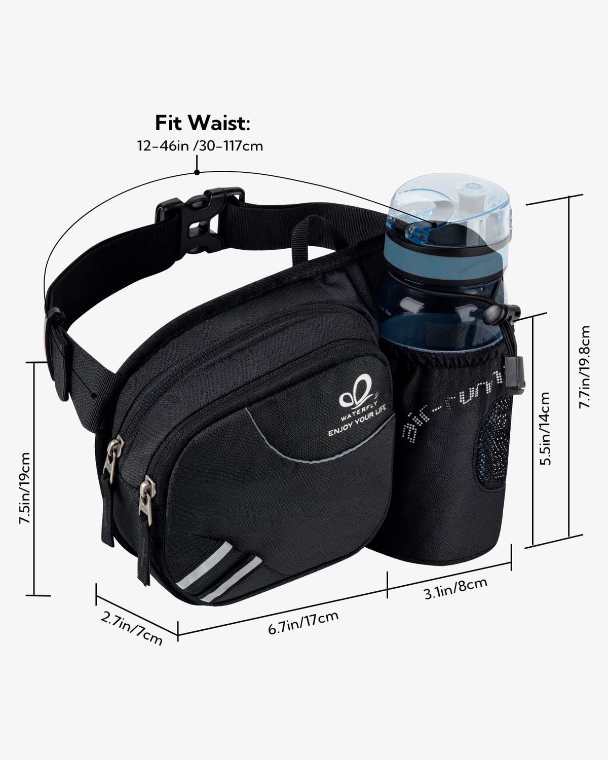 WATERFLY Fanny Pack Waist Bag: Waist Pack for Women Men with Water Bottle Holder Hiking Fanny Pack for Running Walking DogWalking Travel Cycling