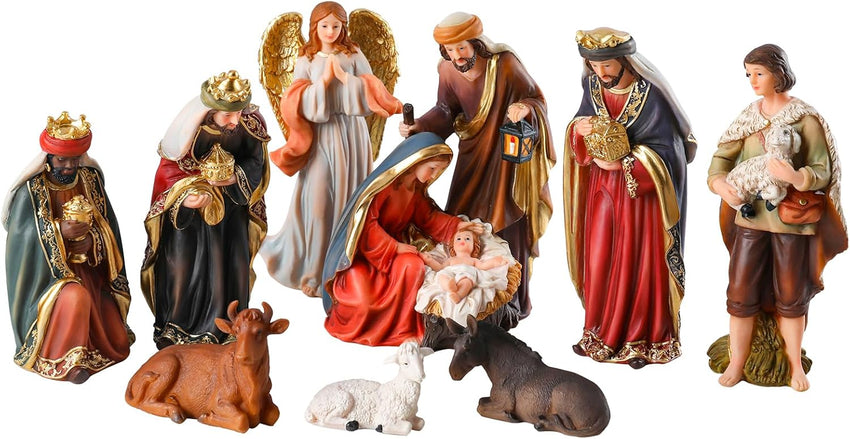 Yinns 9.8 Inch Christmas Nativity Sets, Light Up Nativity Scene Indoor, Manger Nativity Scene Figures Set Holy Family Christmas Tabletop Decotation