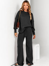 ANRABESS Womens 2 Piece Outfits Fall Lounge Set 2025 Oversized Chunky Knit Sweater Top Wide Leg Pants Loungewear Clothes