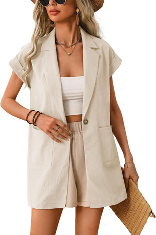 Mina Self 2024 Summer Short Sleeve Blazer Jacket for Women Lightweight Casual Fashion Long Work Office Suit Pockets