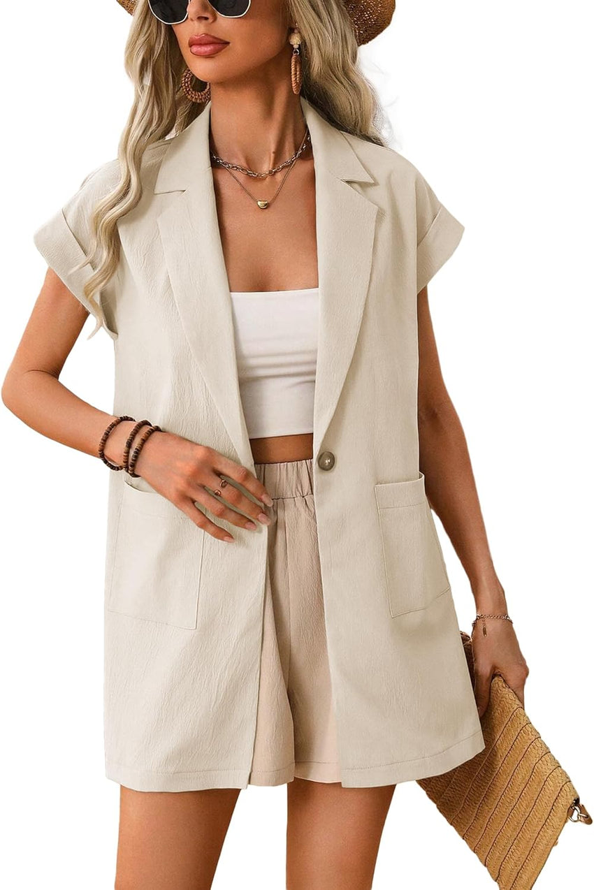 Mina Self 2024 Summer Short Sleeve Blazer Jacket for Women Lightweight Casual Fashion Long Work Office Suit Pockets