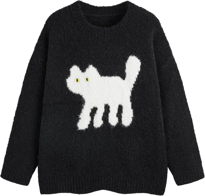 CIDER Women’s Cat Sweater Long Sleeve Crew Neck Fun Graphic Cute Patterned Pullover Sweater Tops