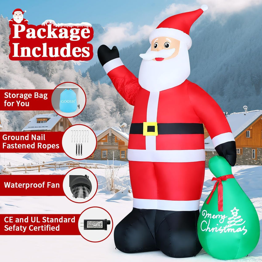 GOOSH 10.3 FT Waving Christmas Inflatable Santa Decorations, Outdoor Christmas Santa Claus with Gift Bag&Animated Hand Blow Up Yard Decor with Built-in LEDs for Xmas Holiday Party Garden Lawn