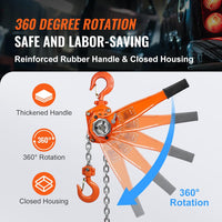 VEVOR Manual Lever Chain Hoist, 1-1/2 Ton 3300 lbs Capacity 10 FT Come Along, G80 Galvanized Carbon Steel with Weston Double-Pawl Brake,Auto Chain Leading & 360° Rotation Hook, for Garage Factory Dock