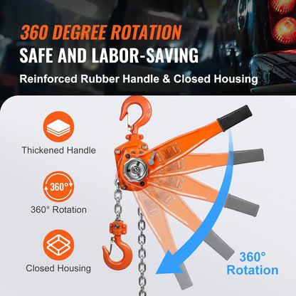 VEVOR Manual Lever Chain Hoist, 1-1/2 Ton 3300 lbs Capacity 10 FT Come Along, G80 Galvanized Carbon Steel with Weston Double-Pawl Brake,Auto Chain Leading & 360° Rotation Hook, for Garage Factory Dock