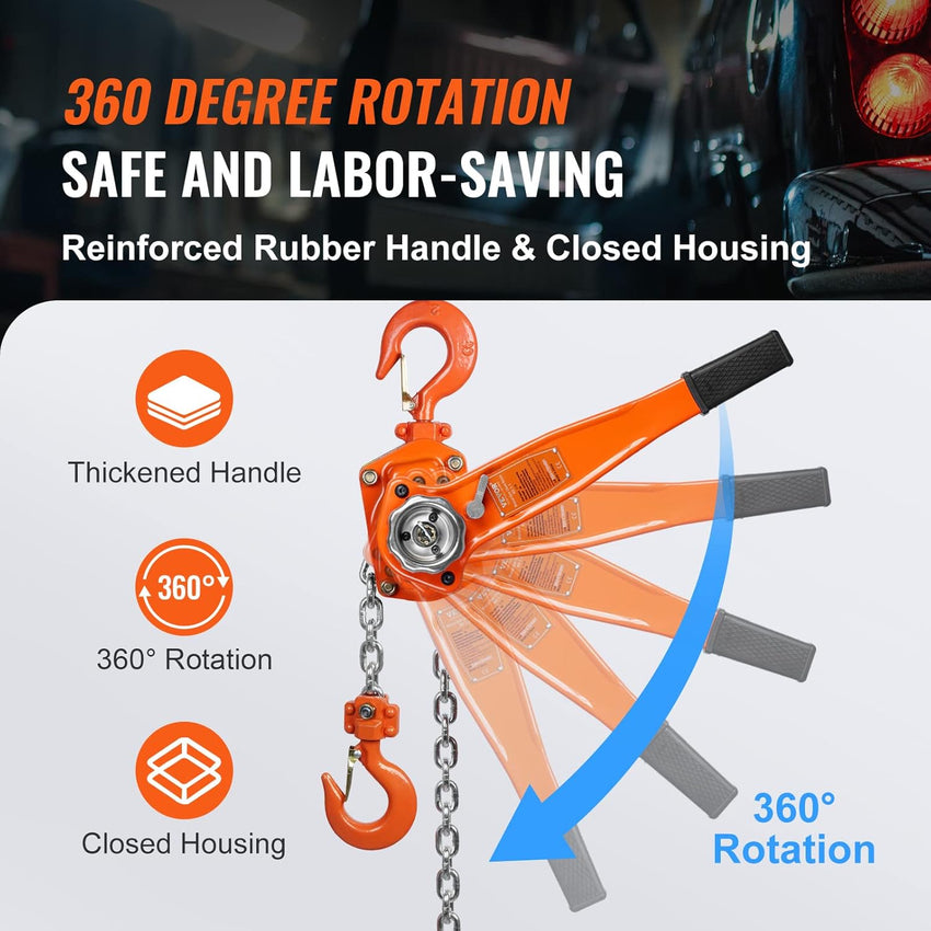 VEVOR Manual Lever Chain Hoist, 1-1/2 Ton 3300 lbs Capacity 10 FT Come Along, G80 Galvanized Carbon Steel with Weston Double-Pawl Brake,Auto Chain Leading & 360° Rotation Hook, for Garage Factory Dock