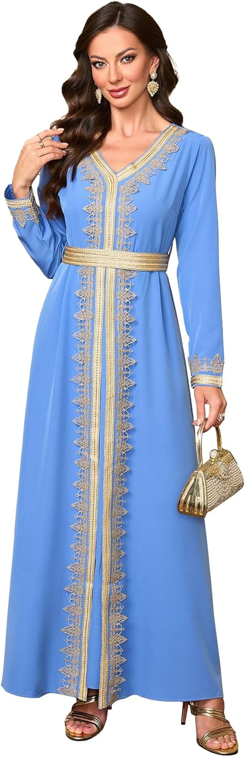 Embroidery Abayas for Women Muslim Moroccan Floral Maxi Kaftan Dress Arabic Islamic Dubai Robe Ramadan Prayer Clothes