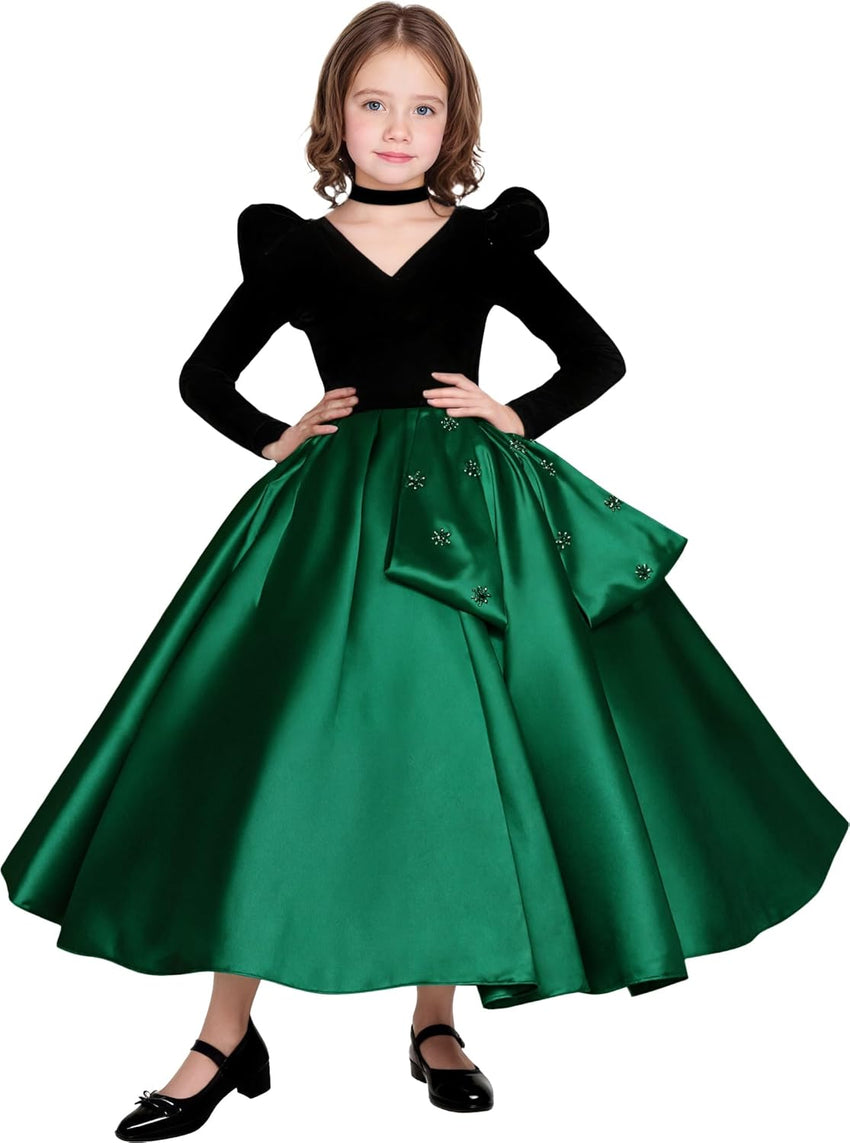 Long Sleeve Velvet Flower Girl Dresses A Line Crystal Satin Formal Dresses for Christmas