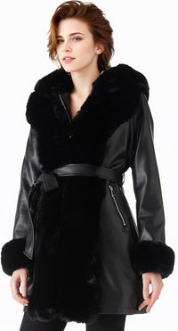 RISISSIDA Luxurious Women Winter Fur Lined Coat, Leather Jacket with Hooded Long Fur Collar, Thick Warm Heavy Overcoat Belted