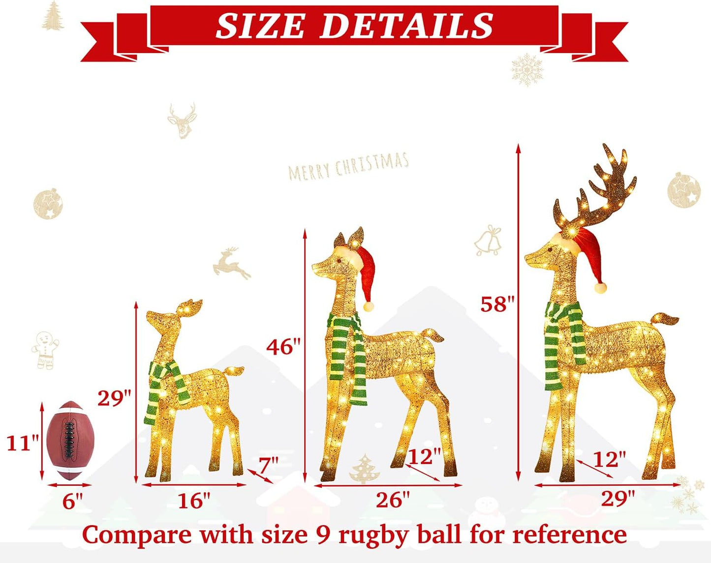 58 Inch 3D Gold Large Lighted Christmas Deer Decorations 3-Piece Outdoor Holiday Decorations Reindeer Set with 210 Warm White LEDs, Large Yard Display for Garden, Storefront