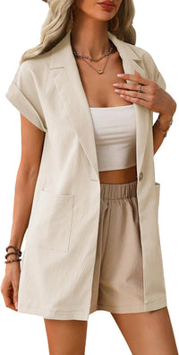 Mina Self 2024 Summer Short Sleeve Blazer Jacket for Women Lightweight Casual Fashion Long Work Office Suit Pockets