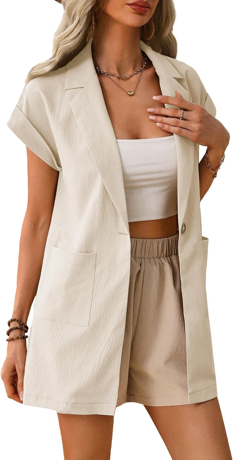 Mina Self 2024 Summer Short Sleeve Blazer Jacket for Women Lightweight Casual Fashion Long Work Office Suit Pockets