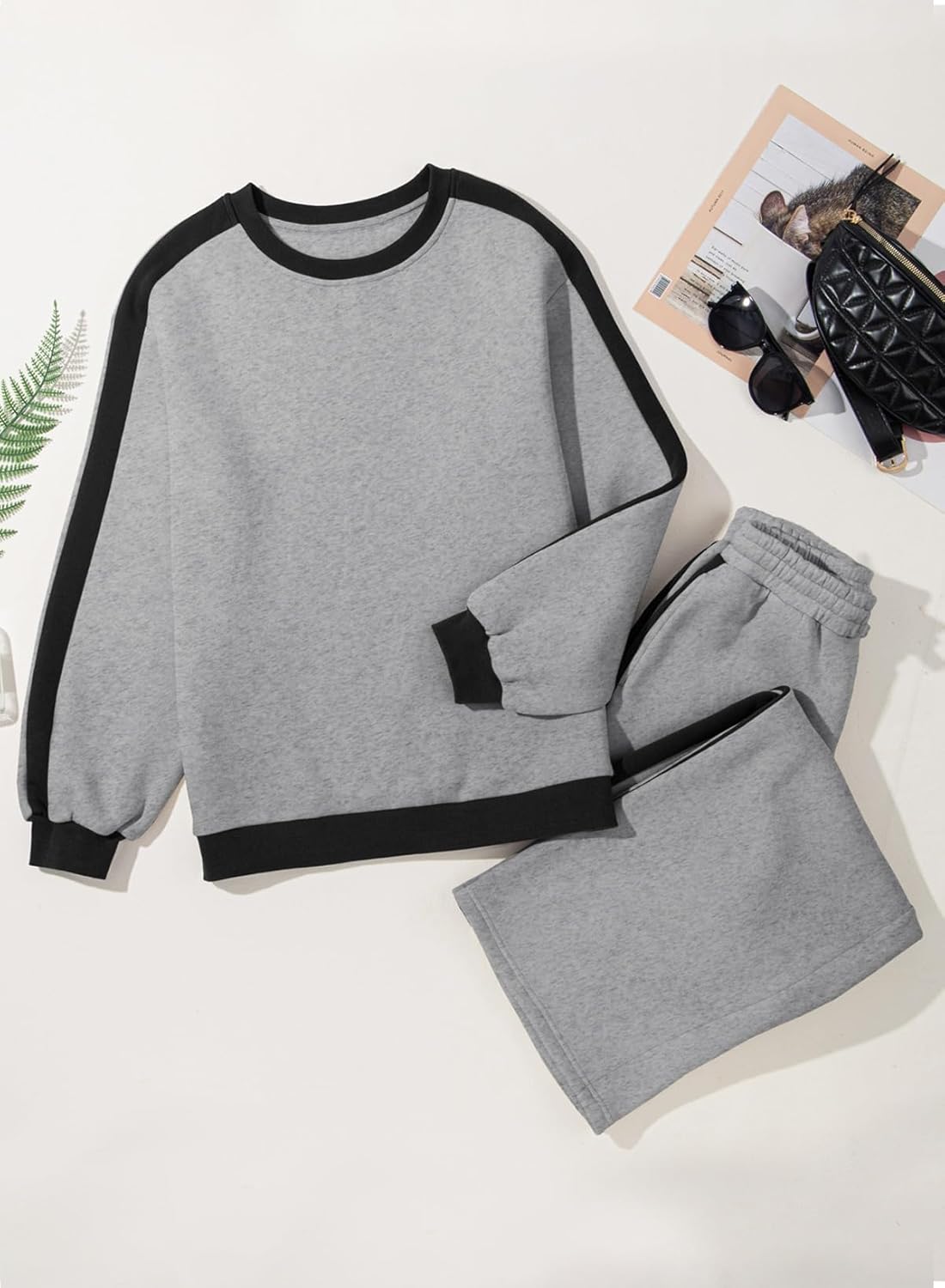 Herseas Women 2 Piece Outfits Color Block Sweatsuit Casual Fleece Lounge Matching Sets