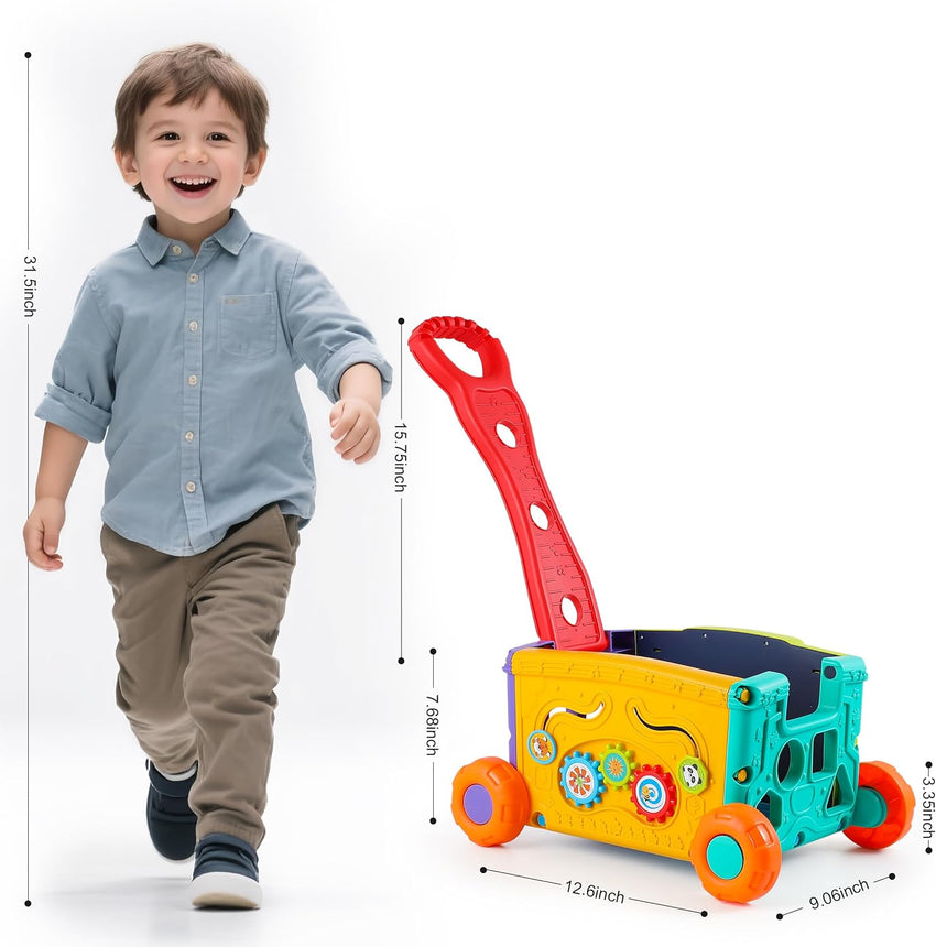 Musical Push Walker Toy for Toddlers 18+ Months - Educational Activity Wagon with Blocks, Learning Walking Assistant with Handle for Boys & Girls