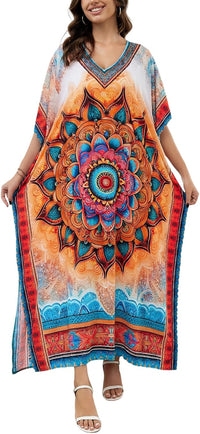 Women's Plus Size Loose Fit Moroccan Print V-Neck Batwing Kaftan Beach Dress Bathing Suit Cover Up