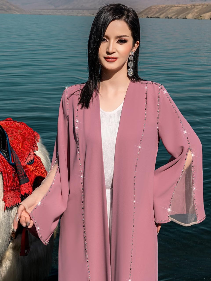 Elegant Beaded Abaya Robe, Open Front Long Sleeve Maxi Outerwear, Modest Cover-Up with Crystal Trim, NO INNER, Pink