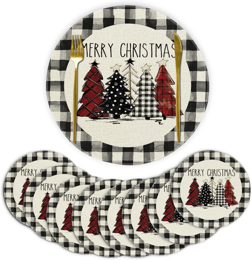 Artoid Mode Waterclor Buffalo Plaid Christmas Trees Placemats Set of 4, 12x18 Inch Winter Table Mats for Outdoor Home Party Kitchen Dining Decor