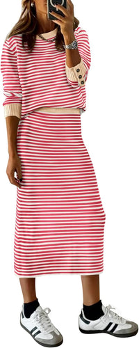 PRETTYGARDEN 2 Piece Skirts Sets For Women Fall Fashion 2025 Striped Sweater Dress Knit Lounge Travel Outfits Winter Clothing