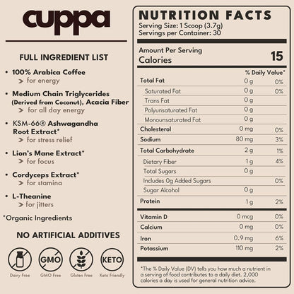 Cuppa Healthy Mushroom Insant Coffee with Lion's Mane & Ashwagandha for All Day Energy & Focus - No Crash or Jitters - Nootropics for Brain Health, Gut Health, Immunity, Stress, Memory + Mood 30 Servings, Medium Roast