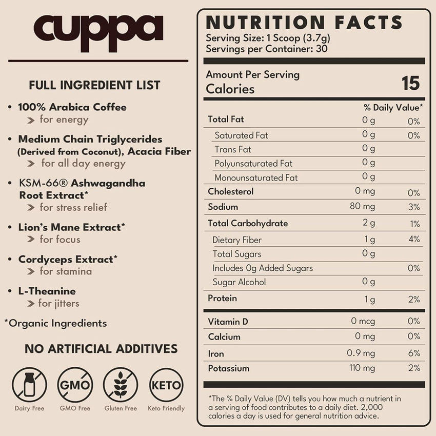 Cuppa Healthy Mushroom Insant Coffee with Lion's Mane & Ashwagandha for All Day Energy & Focus - No Crash or Jitters - Nootropics for Brain Health, Gut Health, Immunity, Stress, Memory + Mood 30 Servings, Medium Roast