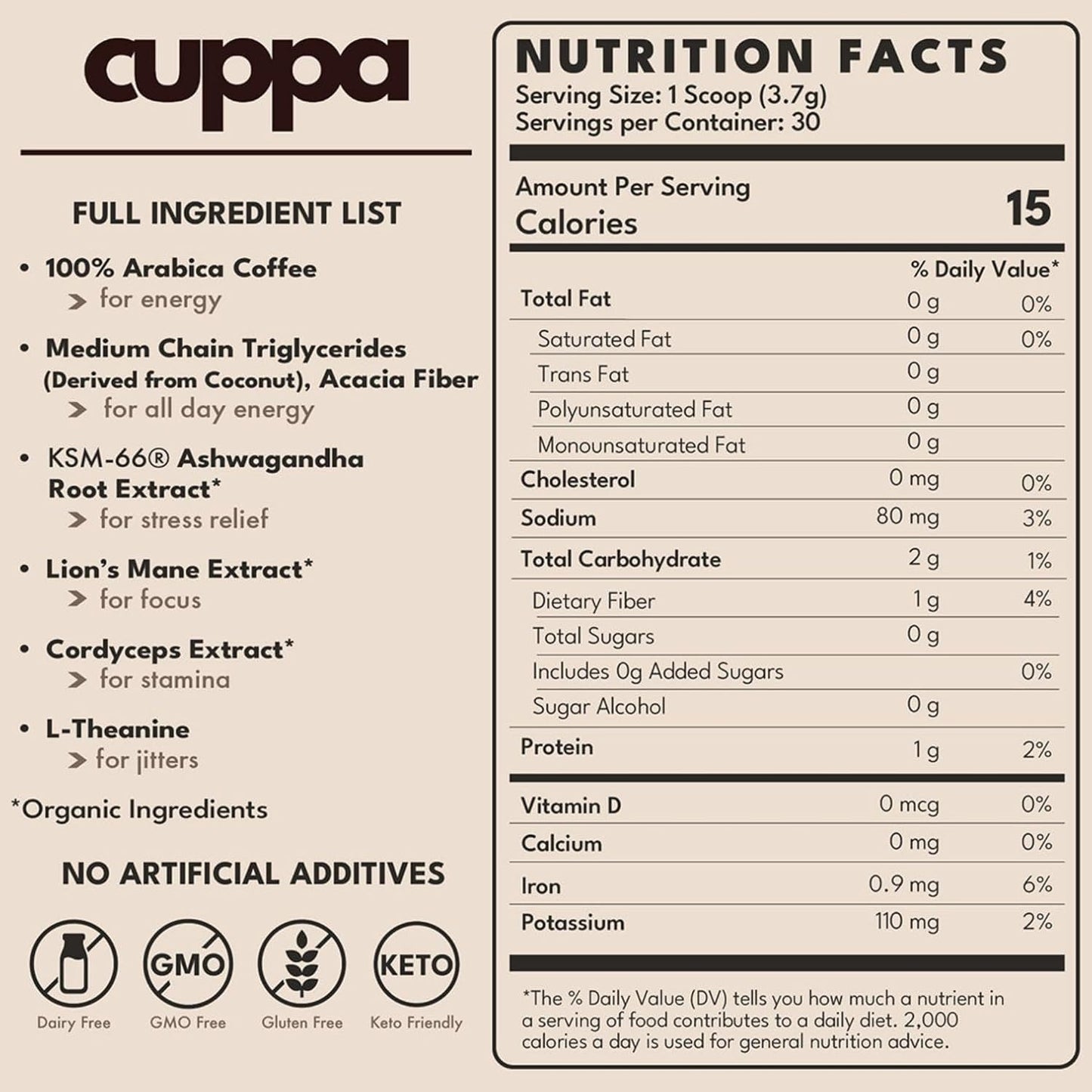 Cuppa Healthy Mushroom Insant Coffee with Lion's Mane & Ashwagandha for All Day Energy & Focus - No Crash or Jitters - Nootropics for Brain Health, Gut Health, Immunity, Stress, Memory + Mood (30 Servings, Medium Roast)
