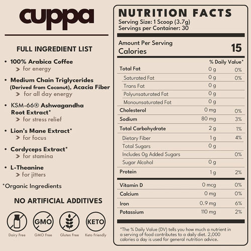 Cuppa Healthy Mushroom Insant Coffee with Lion's Mane & Ashwagandha for All Day Energy & Focus - No Crash or Jitters - Nootropics for Brain Health, Gut Health, Immunity, Stress, Memory + Mood (30 Servings, Medium Roast)
