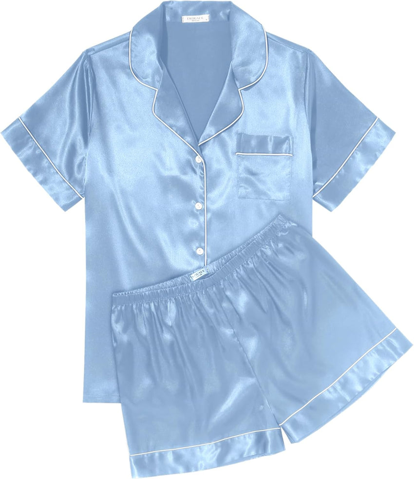 Ekouaer Womens Silk Satin Pajama Sets Soft Short Sleeve Button Down Sleepwear Top and Shorts 2 Piece Pjs Lounge Set