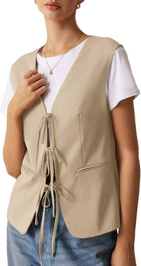 Mina Self 2024 Womens Sleeveless Blazers Vest Front Bow Tie-Up Lace Up V-Neck Fashion Casual Fully Lined Fitted Work Jackets