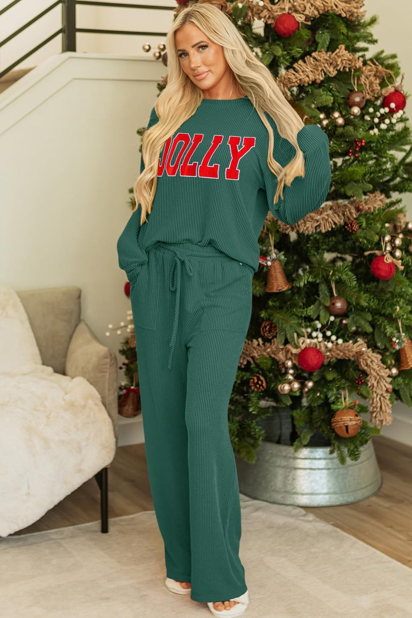 Women Pajamas Set Loungewear Ribbed Long Sleeve Top and Pants with Pockets Lounge Sweatsuit Set