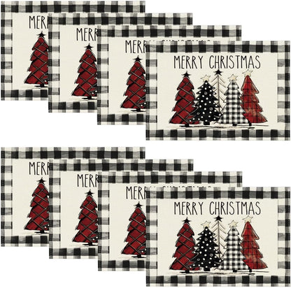 Artoid Mode Waterclor Buffalo Plaid Christmas Trees Placemats Set of 4, 12x18 Inch Winter Table Mats for Outdoor Home Party Kitchen Dining Decor