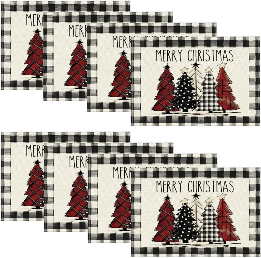 Artoid Mode Waterclor Buffalo Plaid Christmas Trees Placemats Set of 4, 12x18 Inch Winter Table Mats for Outdoor Home Party Kitchen Dining Decor